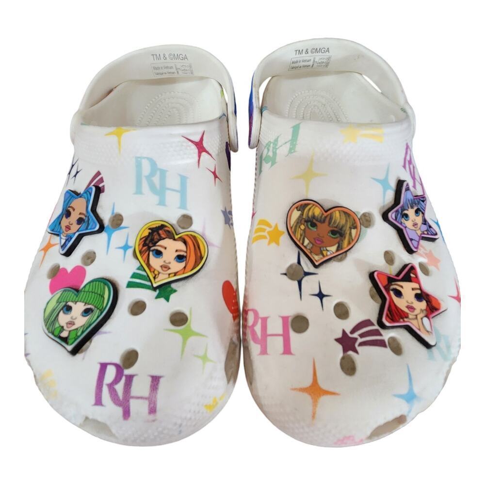 Crocs Rainbow High Clogs Kids Size J3 White Multi Color Star Print Charms